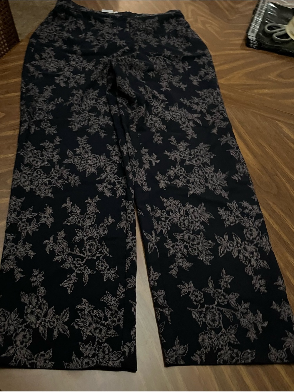 Black Floral Wide-Leg Pull-On Pants